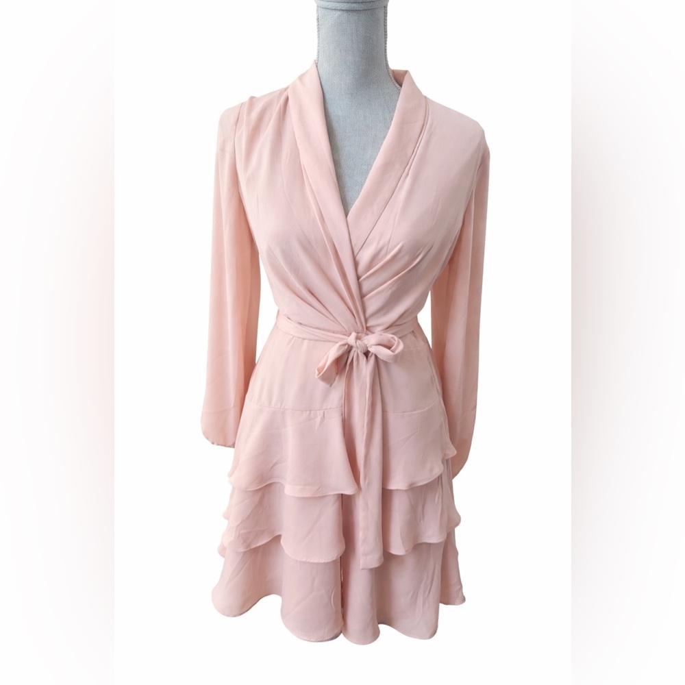 Express Small Blush Pink Wrap Dress NWT Long Sleeve Ruffle Tiered Mini Dress